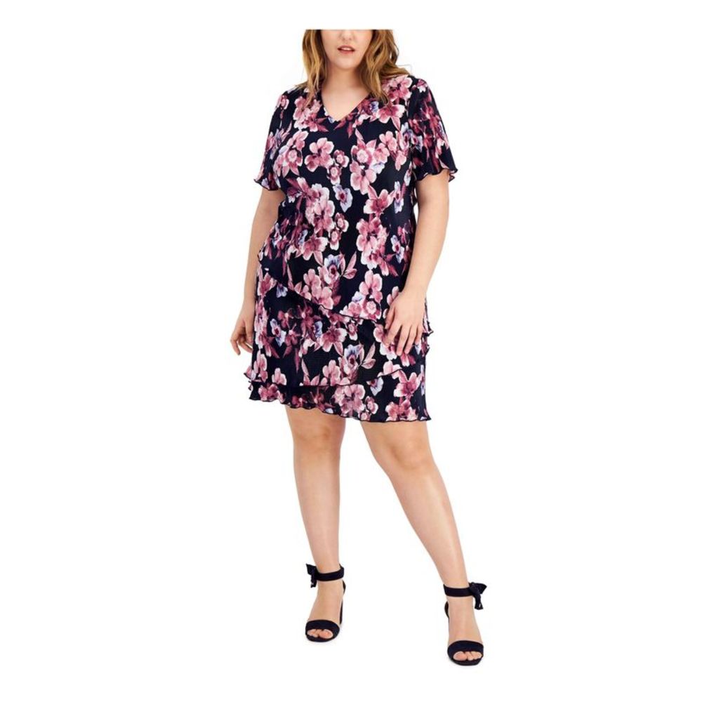 connected apparel Navy Floral Pink Ruffle Mini Dress